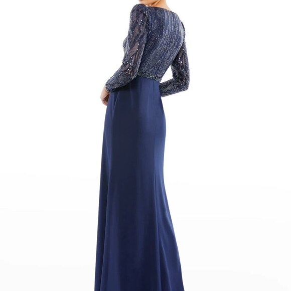 Mac Duggal Midnight Blue V-Neck Long Sleeve Empire Waist Gown - Picture 3 of 5